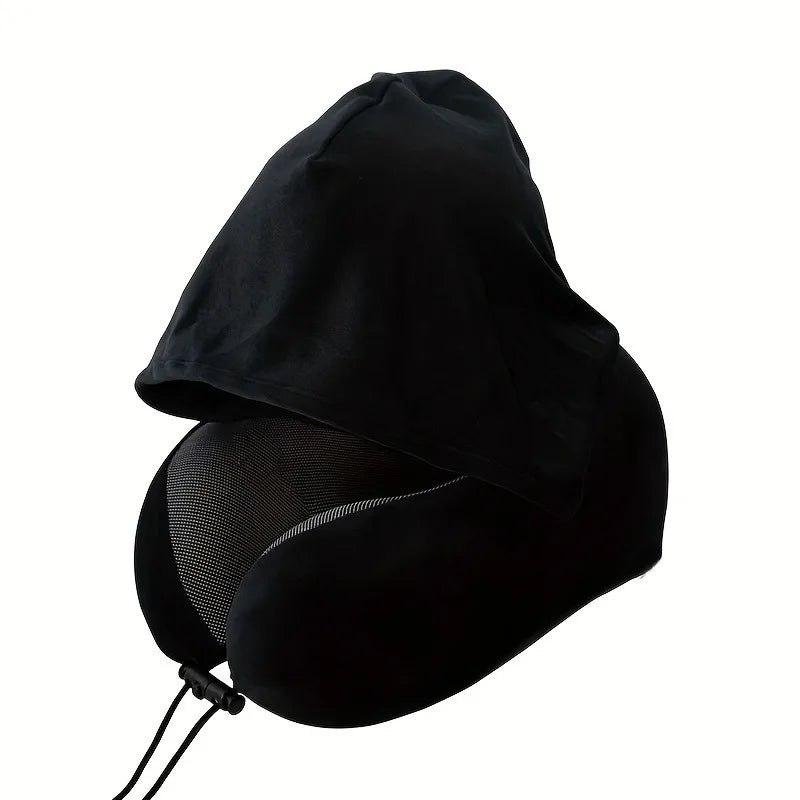 Memory Foam Hooded U-Shaped Travel Pillow with Detachable Cover Portable Neck Support for Airplane Office Nap Car and Home Use