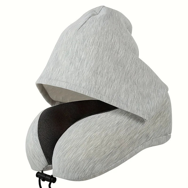 Memory Foam Hooded U-Shaped Travel Pillow with Detachable Cover Portable Neck Support for Airplane Office Nap Car and Home Use